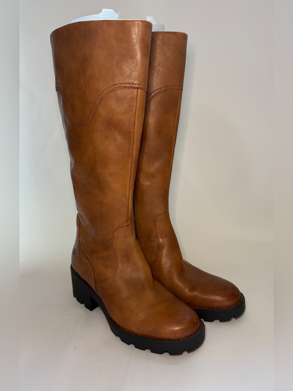 Born Gabriella Brown Leather Knee High Boots Block Heel Lug Sole Women's Size 8